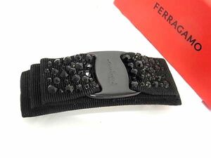 1円 ■極美品■ Salvatore Ferragamo フェラガモ ヴァラリボン キャンバス ラインストーン バレッタ ヘアアクセサリー ブラック系 AU1148