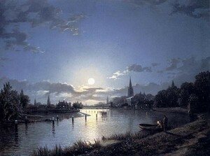 油絵 ヘンリー・ペザー_ 月明かりに照らされたテムズ川　MA890