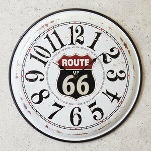 【ホワイト】※《アンティークメタルクロック・US ROUTE66》　アメリカン雑貨　ブリキ看板　メタルサイン　時計