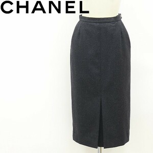 フランス製 ヴィンテージ◆CHANEL シャネル ウール フロントタック スカート チャコールグレー 34