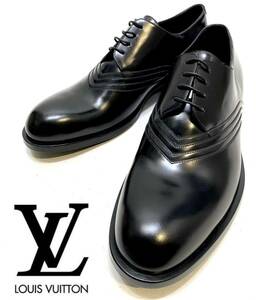 展示未使用 LOUIS VUITTON MENS Vライン レースアップドレスシューズ ルイヴィトン LVロゴ ダービーshoes 革靴 ビジネス ブラック 7 1/2