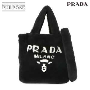 新品同様 プラダ PRADA 2way トート ショルダー バッグ シアリング ブラック ホワイト 1BG447 ゴールド 金具 ポーチ付き 90225438