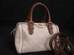 1円 ■極美品■ TORY BURCH トリーバーチ Tモノグラム キャンバス×レザー 2WAY ハンドバッグ ショルダー ミニボストン ベージュ系 FA6152