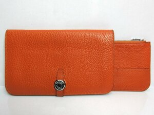 HERMES/エルメス：ドゴンGM 長財布 デュオ オレンジ □M刻印 シルバー金具 中古/USED