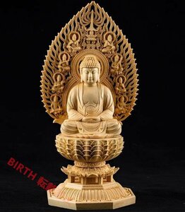 良い品質★総檜材　仏教工芸品　木彫仏教　精密彫刻　阿弥陀如来座像 高さ28cm