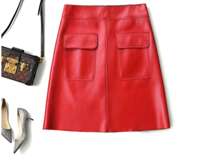 レディースA字レザースカート赤色S