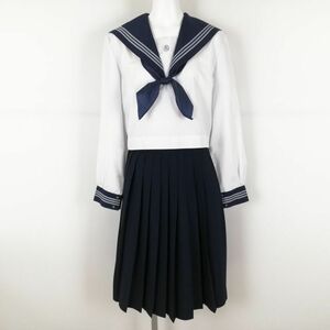 1円 セーラー服 スカート スカーフ 上下3点セット 165A 中間服 グレー3本線 女子 学生服 高知岡豊高校 白 制服 中古 ランクC NA0865