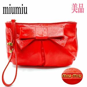 miu miu ミュウミュウ マルチケース ポーチ レザー リボン レッド系　ゴールド