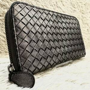 1円【希少カラー】 ボッテガヴェネタ BOTTEGA VENETA シルバー イントレチャート ラウンドファスナー ジッピーウォレット 長財布 メンズ