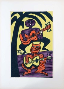 【真作】　◎激レア　◎格安価格スタート　浅野竹二　『ギターを弾く猫とひと』　1979年作　木版画