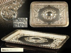 魁◆本物保証 英国製 1800年代 アンティーク 純銀製 スターリングシルバー トレイ 27×19㎝ 重量230g