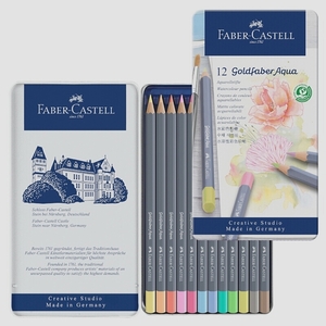 送料無料★Faber-Castell ファーバーカステル ゴールドファーバーアクア水彩色鉛筆 パステルカラー12色セット 缶入