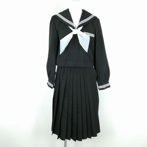 1円 セーラー服 スカート スカーフ 上下3点セット 160A カンコー 冬物 白3本線 女子 学生服 中学 高校 黒 制服 中古 ランクC NA1996