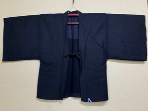 紳士　着物　ウール　単衣の羽織　紺×茶のミックス糸　横縞　共布の紐　普段着に　防寒用に　保管品