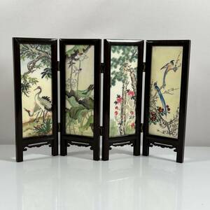 中国工芸品　大理石　屏風　中国製　鳥　草木　図案　H 23cm W 33.8cm
