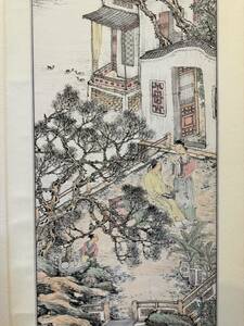 【真作】卯合醉人「桃花東園図」 古い掛け軸(掛軸) 紙筆 絹本 日本画 山水画 美術品 画芯サイズ約151*40cm 箱なし