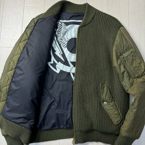 美品/L相当★ディーゼル/DIESEL 身頃ニット ローゲージ編 コンビジャケット MA-1 ジップブルゾン 異素材切替 袖ナイロン 裏プリント メンズ