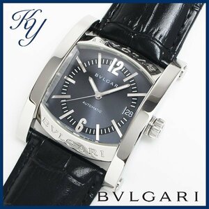 1円～ 3ヶ月保証付き 磨き済み 美品 本物 定番 人気 BVLGARI ブルガリ アショーマ AA44S 革ベルト 自動巻き ネイビー メンズ 時計
