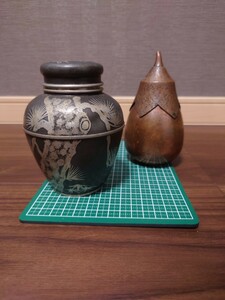 1円〜茶壷 錫半 上錫 錫製　茶筒　茶入　と銅製?茄子型茶壺　金属工芸　現状品　骨董品