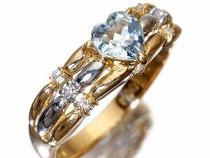 【ジュエリー極】お洒落なハートデザイン！天然アクアマリン0.39ct＆ダイヤモンド0.04ct 高級K18YG＆Pt900リング k8153vm【送料無料】