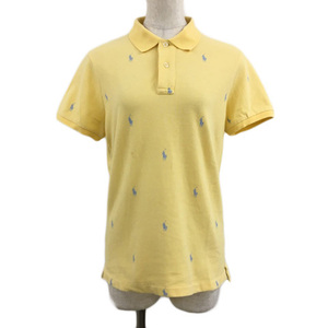 ラルフローレン RALPH LAUREN シャツ ポロシャツ プルオーバー ポロカラー 総柄 ロゴ 半袖 L 黄 水色 イエロー ライトブルー レディース