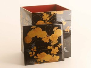 【流】江戸時代 菊花蒔絵四段重箱 箱付 DH961