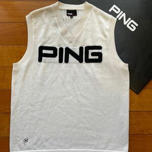 送料無料PING GOLFピンゴルフMENS BIG PING編地WOOL毛混ベスト防寒保温性柔らか伸縮通気性ventilation White(半額以下LL)1try中古品