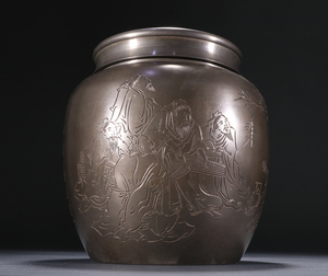 【徳】旧家蔵出『清・英祥堂製款・錫胎彫・人物物語茶葉罐 』古美術品 骨董品