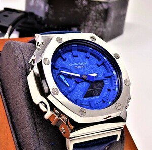 未使用・新品・Gショックカスタム本体付きGA2100ステンレス製シルバーベゼル＆本革レザーベルト・ペズリー柄ブルー文字盤メンズ腕時計
