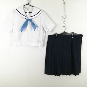 1円 セーラー服 スカート スカーフ 上下3点セット 175A 大きいサイズ 夏物 青1本線 女子 学生服 中学 高校 白 制服 中古 ランクC NA1381