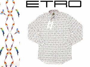 8万新品◆40=M~L◆エトロ◆parrot オウム柄プリント 白系マルチカラー イタリア製ストレッチコットンシャツ【ETRO】1円