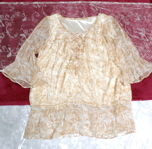 茶白ホワイトエスニック柄シフォンフリルチュニック/トップス Brown white ethnic pattern chiffon frills tunic/tops