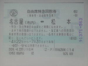 特急しなの自由席特急回数券(名古屋⇔松本)②・7/31まで有効