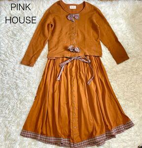 【ピンクハウス】PINK HOUSE　セットアップ ワンピース オレンジ リボン チェック 綿 コットン100%　M相当　