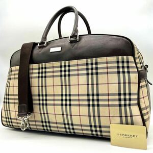 2178 廃盤入手困難 高級● BURBERRY バーバリー ボストンバッグ 2way ノバチェック ロゴプレート 金具 レザー 大容量 トラベル 旅行 本革