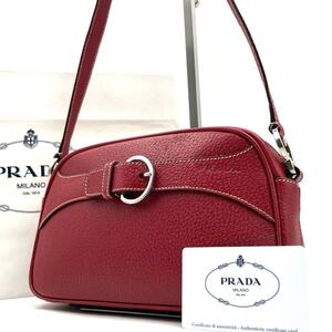 《極美品/希少》近年モデル PRADA プラダ ベルト付 レザー アクセサリーポーチ ミニショルダーバッグ 肩掛け レッド