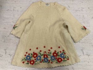 Fully Fashioned 香港製 80s 昭和レトロ フォークロア カントリー 花柄 刺繍 ニット セーター ワンピース レディース ウール100% 生成り