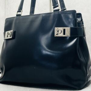 美品/A4可●Ferragamo フェラガモ メンズ ビジネス トートバッグ ハンド トート ガンチーニ 肩掛け カーフレザー 本革 腕掛け ブラック 黒