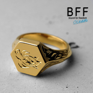 BFF ブランド タートル 印台リング スモール 小ぶり ゴールド 18K GP 金色 六角形 手彫り 専用BOX付属 (16号)