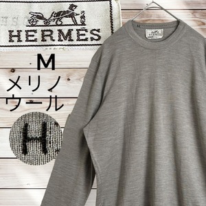 美品☆最高級ウール☆HERMES エルメス LANA MERINO EXTRA FINE メリノエクストラファイン 長袖 ニット クルーネック グレー 薄手 H刺繍ロゴ