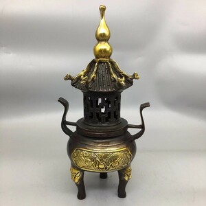 老銅器 收藏 銅金【骨董銅器コレクション 金メッキ神龍聚宝塔薫香炉】古寺院地出土 唐物 古置物 古擺件 中国古美術 古美味 時代物 古董品