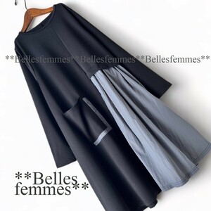 ★Belles*★送料185円★新品M～L対応★春★バイカラー切り替え*モードなポケットデザイン*たっぷり長め丈チュニックワンピース*383黒