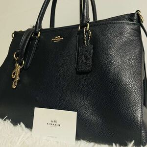 1円〜極美品●COACH コーチ トートバッグ ハンドバッグ ビジネスバッグ 2way ネイビー レザー シボ革 本革 ショルダー 肩掛け A4 3層 通勤