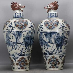 1+N5123 「東洋美術」NC 中国骨董 人間国宝 磁器製品【元青花つま花五虎上将竜頭梅瓶】 旧物 孤品 珍品 陶磁器 収蔵価値が高い