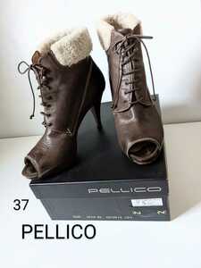 PELLICO 37サイズ ペリーコ オープントゥ ボア レザー レースアップ ショートブーツ イタリア製 正規品 ブラウン