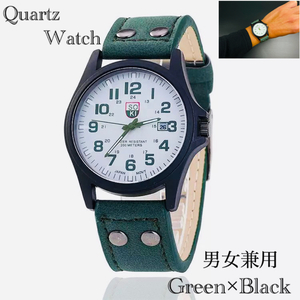 腕時計 ツートン アナログ メンズ クォーツ 時計 高品質 レザー ファッション時計 ウォッチ ブラックグリーン 男女兼用　2