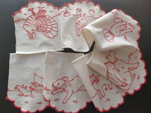 赤糸　手刺繍　棚飾り　犬　猫　鶏　アヒル　鴨　七面鳥　鳥類　テリア　フランス　アンティーク　ヴィンテージ　リネン　台所　動物　雑貨