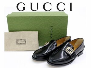 18万新品◆7=26㎝◆GUCCI グッチ 黒 GGモチーフ付きレザーモカシン ローファーシューズ『MILLENNIAL RIBOT』1円