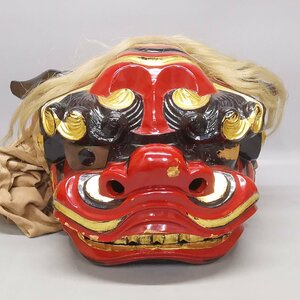 時代物 獅子舞 獅子頭 布 幕付 神楽 ししまい お正月 伝統工芸 開運 魔除け 縁起物 木彫 魔除け 古美術品 お面 能面 神楽面 現状品 Z5536