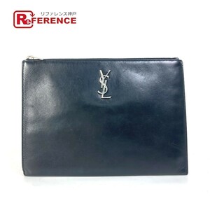 SAINT LAURENT PARIS サンローランパリ 453249 YSLロゴ ポーチ クラッチバッグ レザー ブラック メンズ【中古】